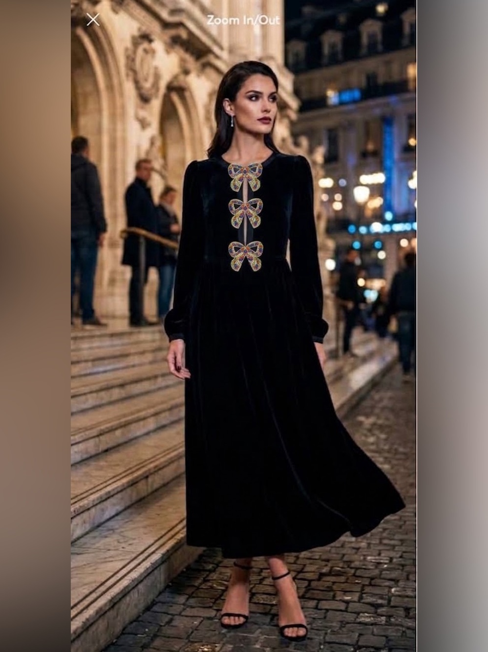SALONI Camille Velvet Midi Dress Black Crystal Embellished Bow Long Sleeve S 6